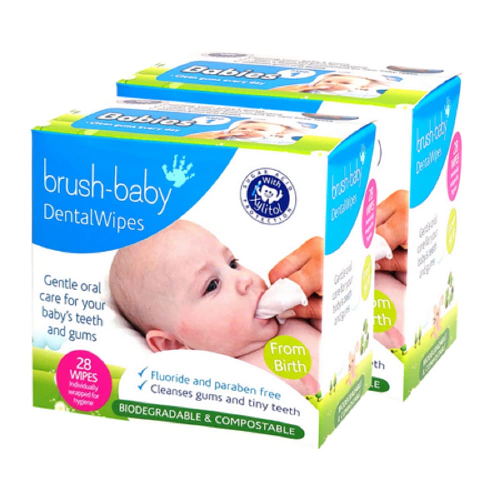 Brush Baby teething wipes packaged for travel and convenience.