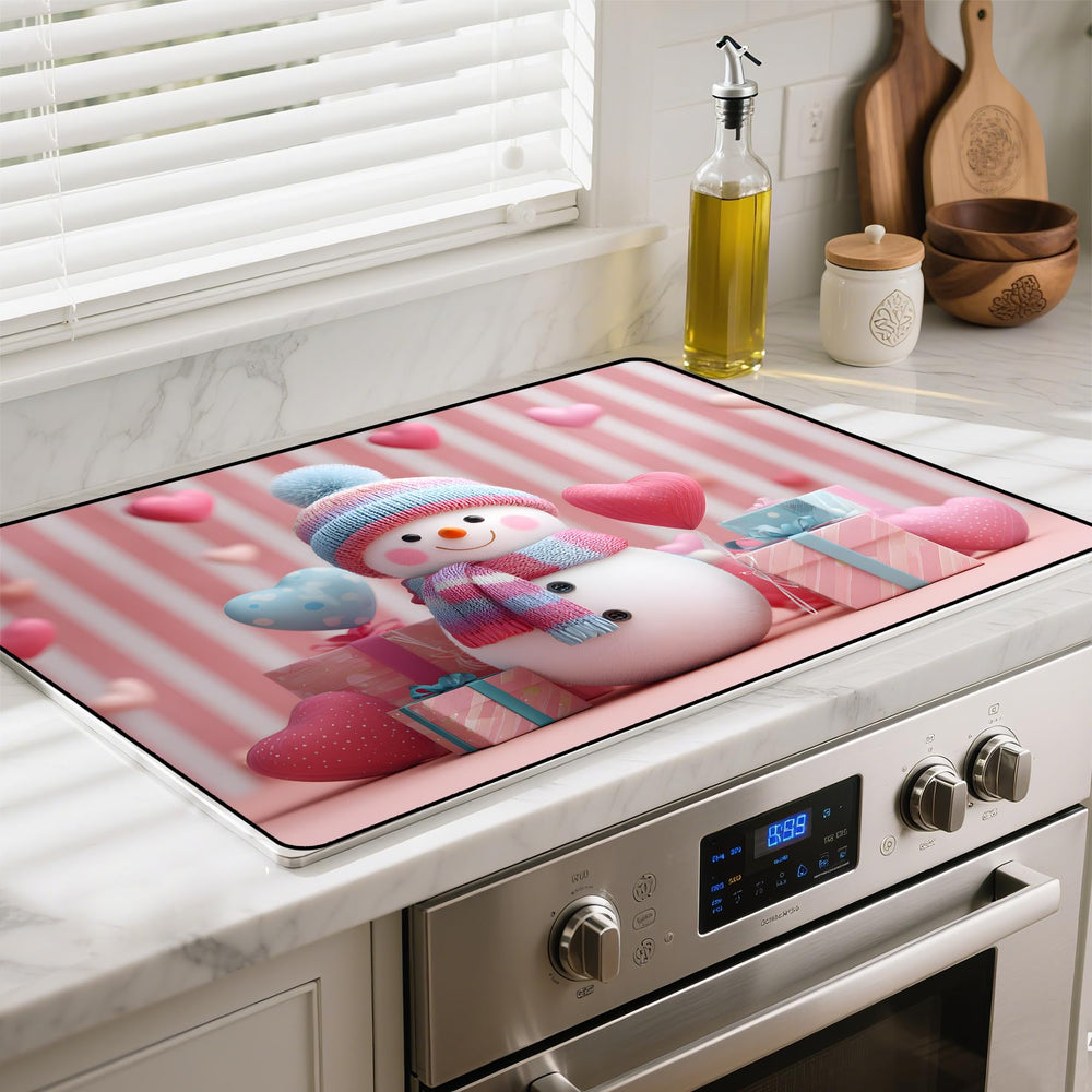 BSFHH Love Snowman stove top cover in use, expanding counter space for meal prep.