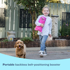 Bubblebum Booster Seat pink packed in travel bag for easy trips.