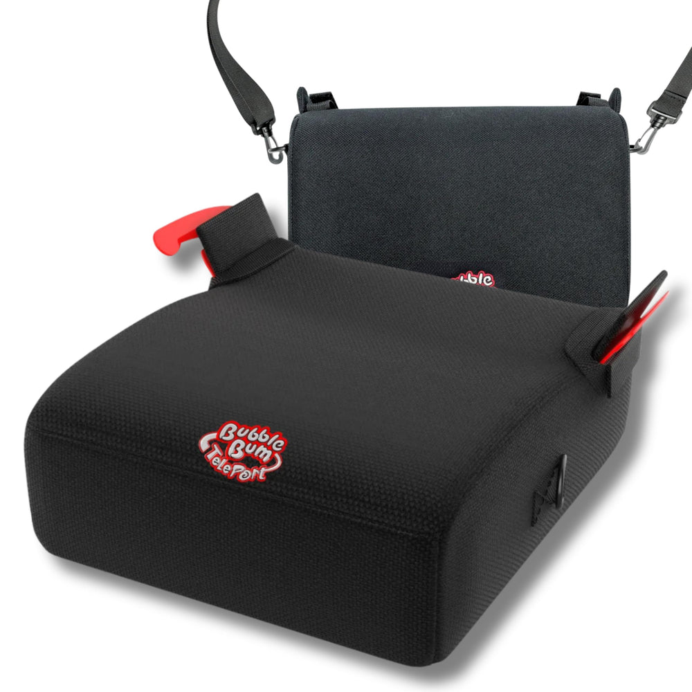 BubbleBum TelePort backless booster in car for everyday travel and folding portability.