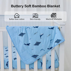 BubblePanda bamboo blanket with shark pattern in nursery demonstrates breathable comfort.