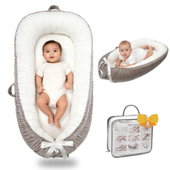Bubbyhuts baby lounger in grey-white with breathable cotton for cozy daytime lounging.