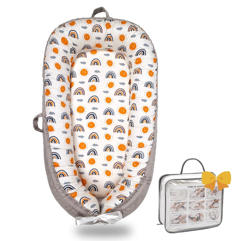 Bubbyhuts Baby Lounger rainbow pattern highlighting soft organic cotton for daytime use