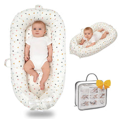 Bubbyhuts baby lounger triangle cover front shows breathable cotton for newborn comfort.