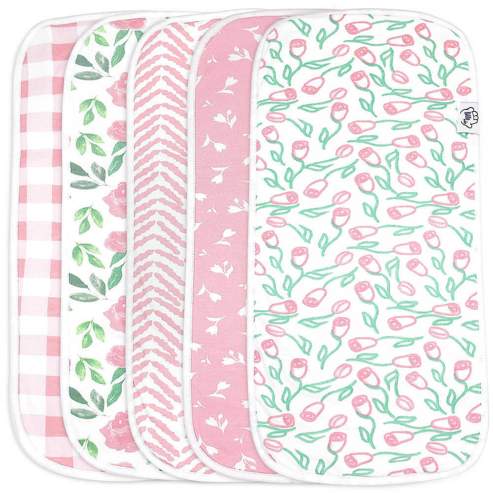Bublo Baby burp cloths 5-pack folded, showing soft cotton top layer for gentle absorption.