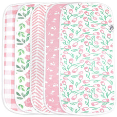 Bublo Baby burp cloths 5-pack folded, showing soft cotton top layer for gentle absorption.