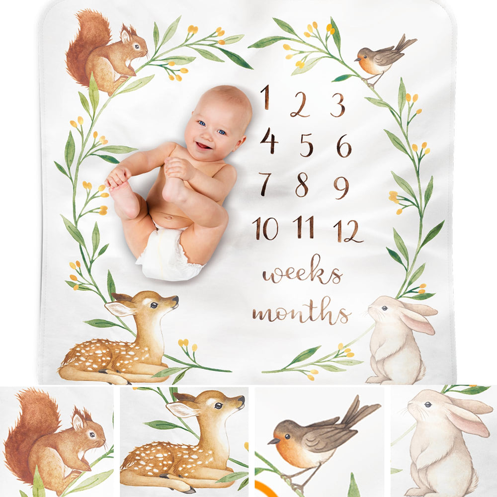 Bubzi Co milestone blanket woodland pattern close-up showing soft cotton flannel comfort