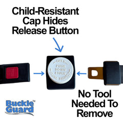 Universal-fit Buckle Guard attached to a 2-point belt in a school vehicle.
