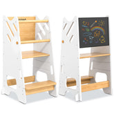 BUDDGO Toddler Standing Tower with safety rail provides a stable kitchen helper.