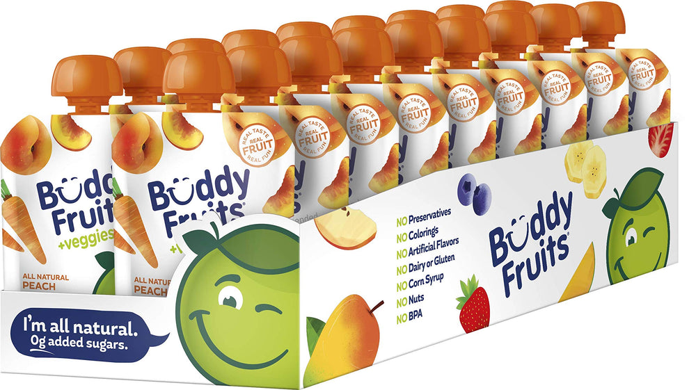 Buddy Fruits peach carrot applesauce pouch front for on the go snacking
