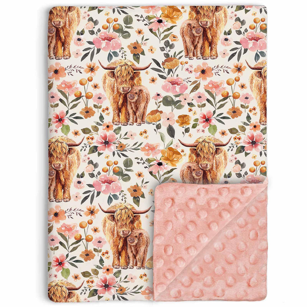 Buerhanerry Highland Cow blanket front view with boho floral print for cozy baby warmth