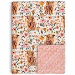 Buerhanerry Highland Cow blanket front view with boho floral print for cozy baby warmth