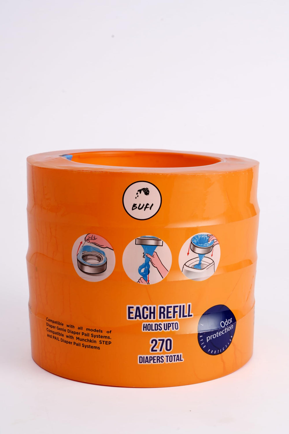 Bufi 4 pack packaging highlights 270 count bags for cost efficient odor control