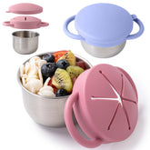 Bufilea 2-pack snack containers for toddlers show the sturdy stainless steel base for durable on-the-go snacking