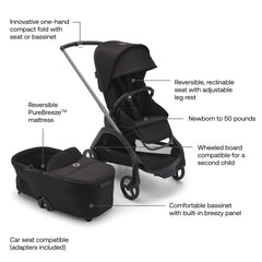 Bugaboo Dragonfly full-suspension wheels glide smoothly on urban streets