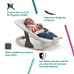 Bugaboo Giraffe newborn set rocker-frame close-up demonstrates easy transfer between chair and rocker.
