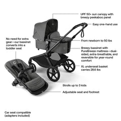 Bugaboo Kangaroo front suspension cushions bumps for comfortable strolls.