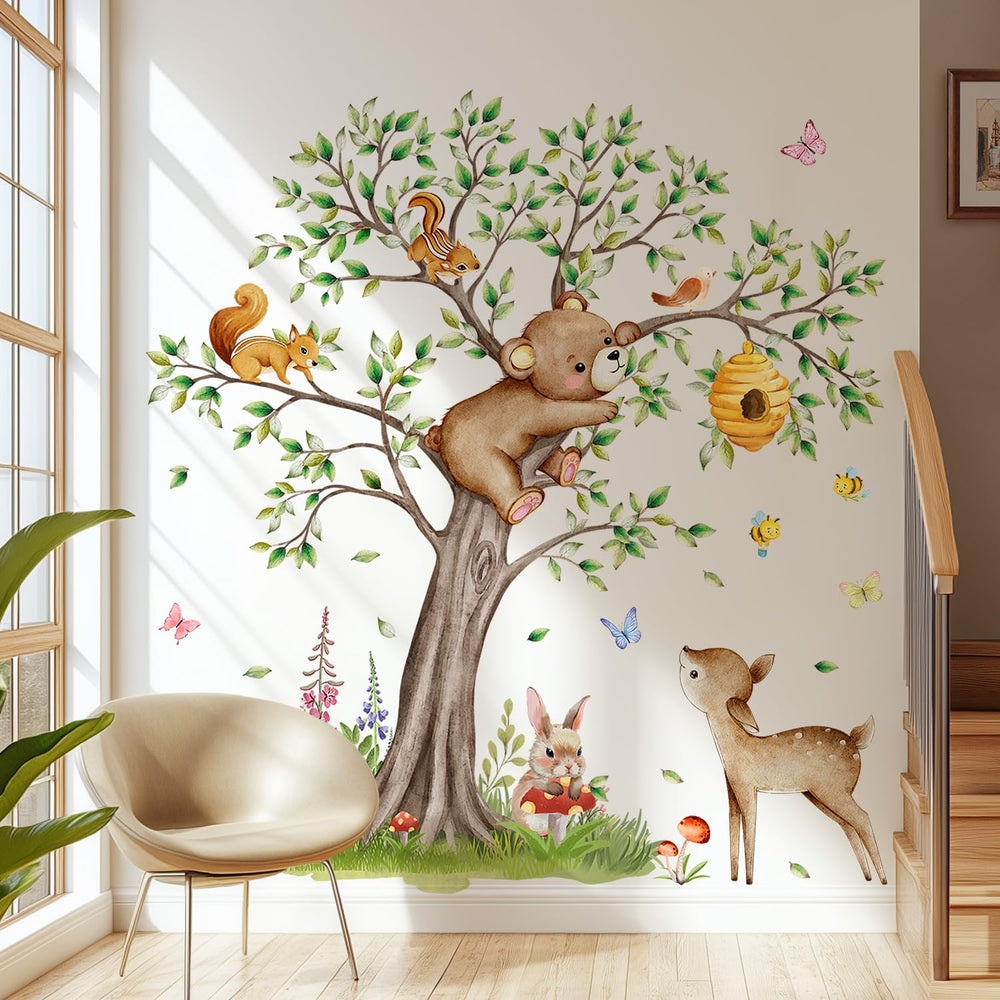 Buiory Woodland Animals Tree Wall Stickers form a giant forest focal point in nurseries.