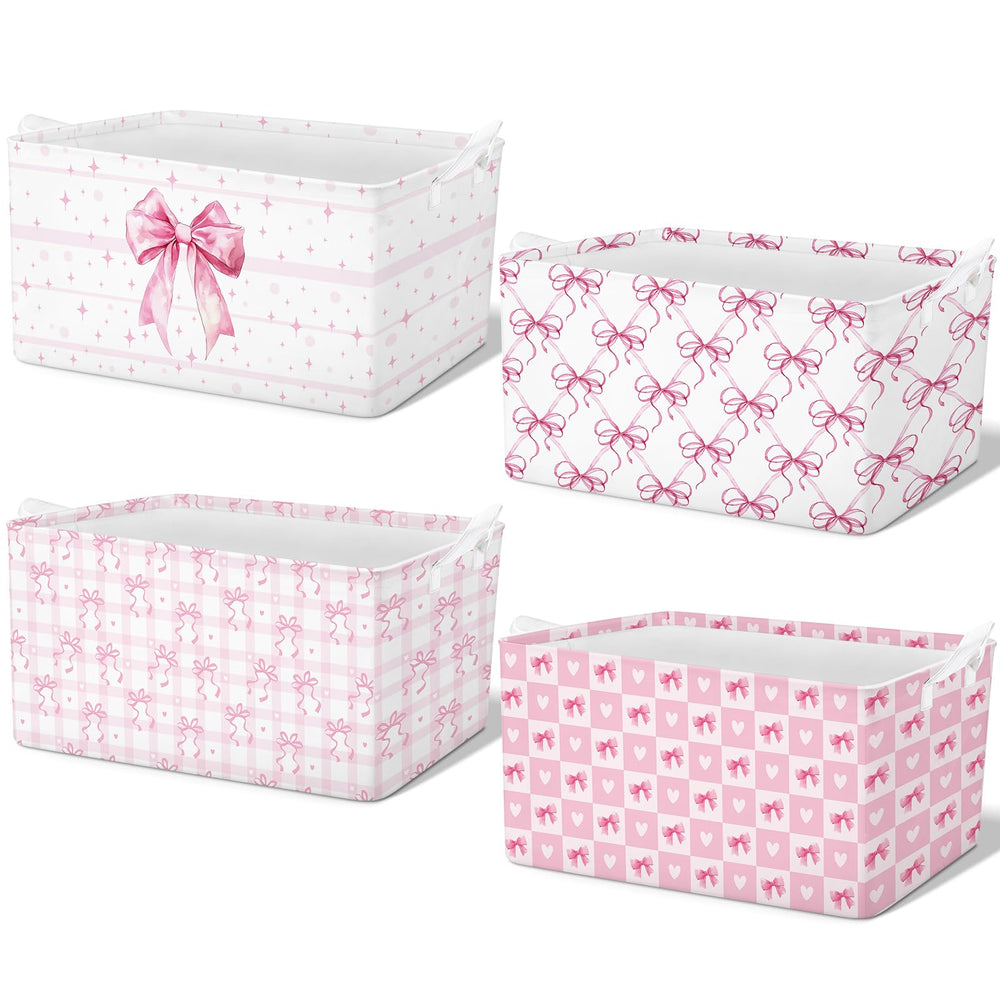 Bulyoou pink bow storage bin folded for compact storage and space-saving use.