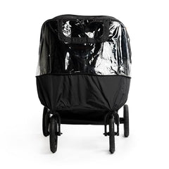 Bumbleride Indie Twin rain cover shows magnetic peek-a-boo window for seamless parent-child dialogue.