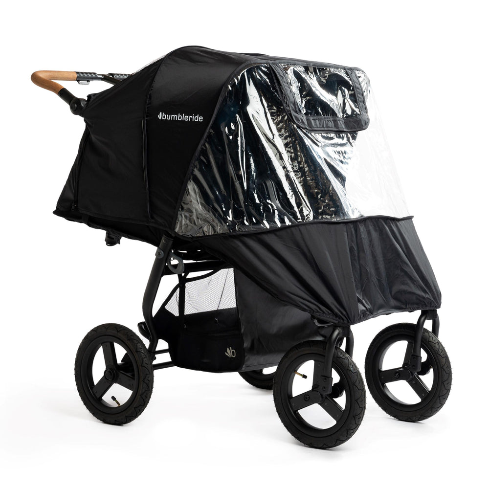 Bumbleride Indie Twin rain cover with roll-up front window offers easy access and weather protection.