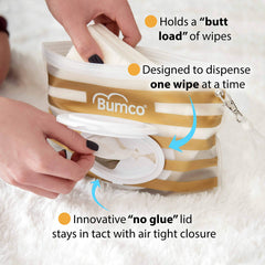 Bumco wipes pouch inside a diaper bag showing compact travel size