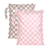 Bumkins Larger Wet Bag beige check open shows spacious interior for travel organization.