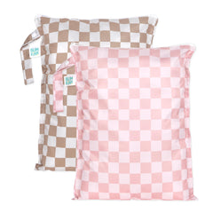 Bumkins Larger Wet Bag beige check open shows spacious interior for travel organization.