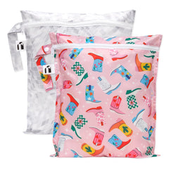 Bumkins Roamio wet bag cowgirl boots design attached to a stroller for travel convenience