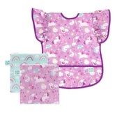 Bumkins ruffle apron bib with unicorns and rainbows for stylish mealtime protection