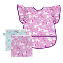 Bumkins ruffle apron bib with unicorns and rainbows for stylish mealtime protection