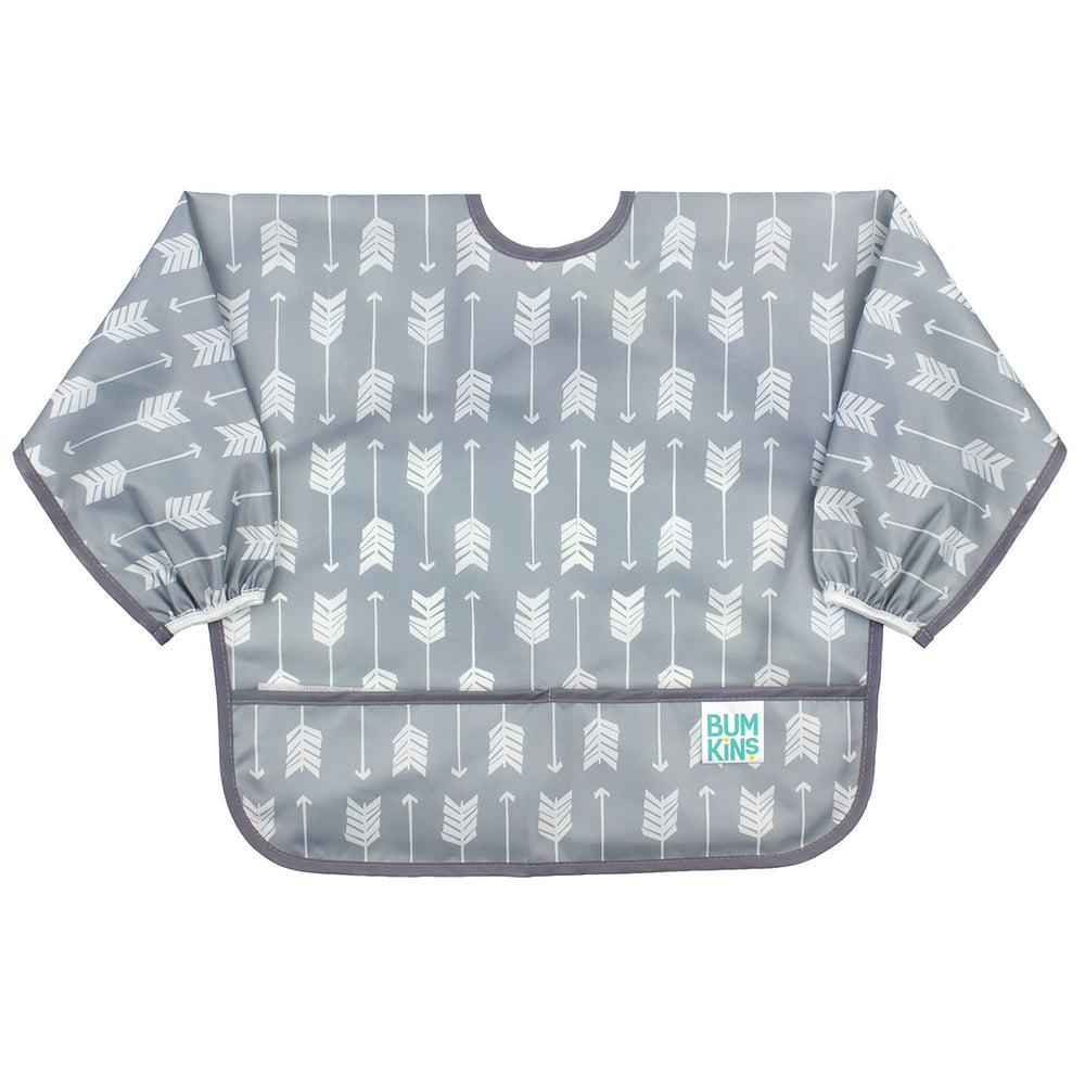 Bumkins sleeved bib gray arrows front view keeps outfits clean during meals.