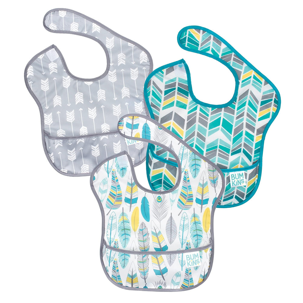 Bumkins SuperBib shoulder-strap fit for quick, tug-proof adjustments during meals.
