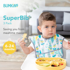 Bumkins SuperBib waterproof fabric keeps clothes dry during messy meals.