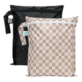 Bumkins waterproof wet bag beige check front view for travel organization and mess containment.