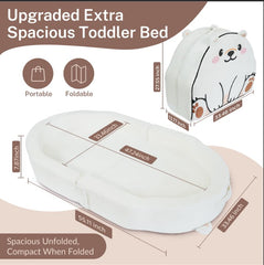 BUMNANA toddler bed shown folded in a compact travel setup for easy packing.