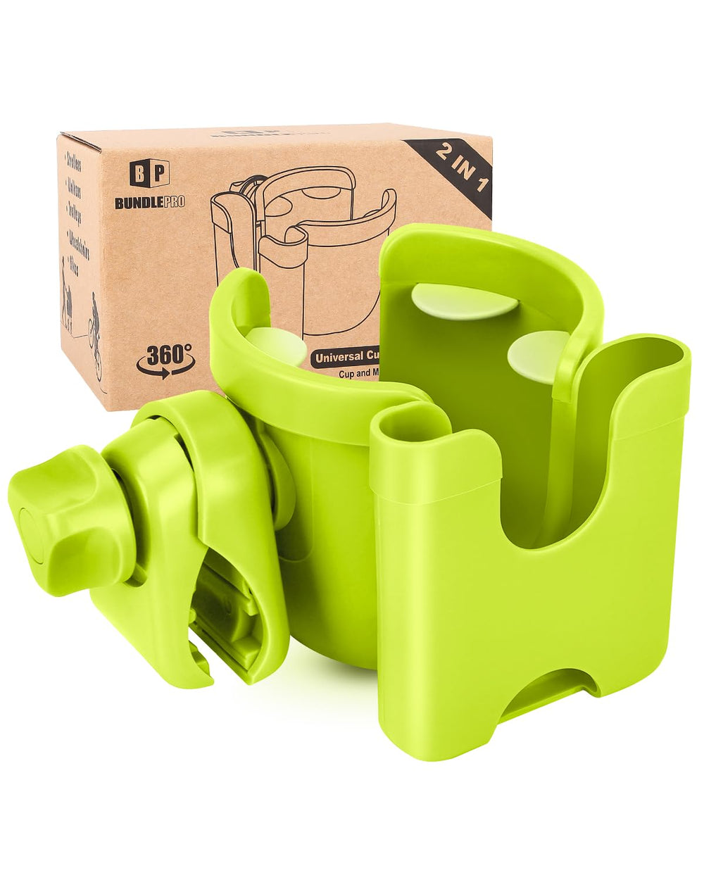 BundlePro universal stroller cup holder mounted for easy reach on a green stroller