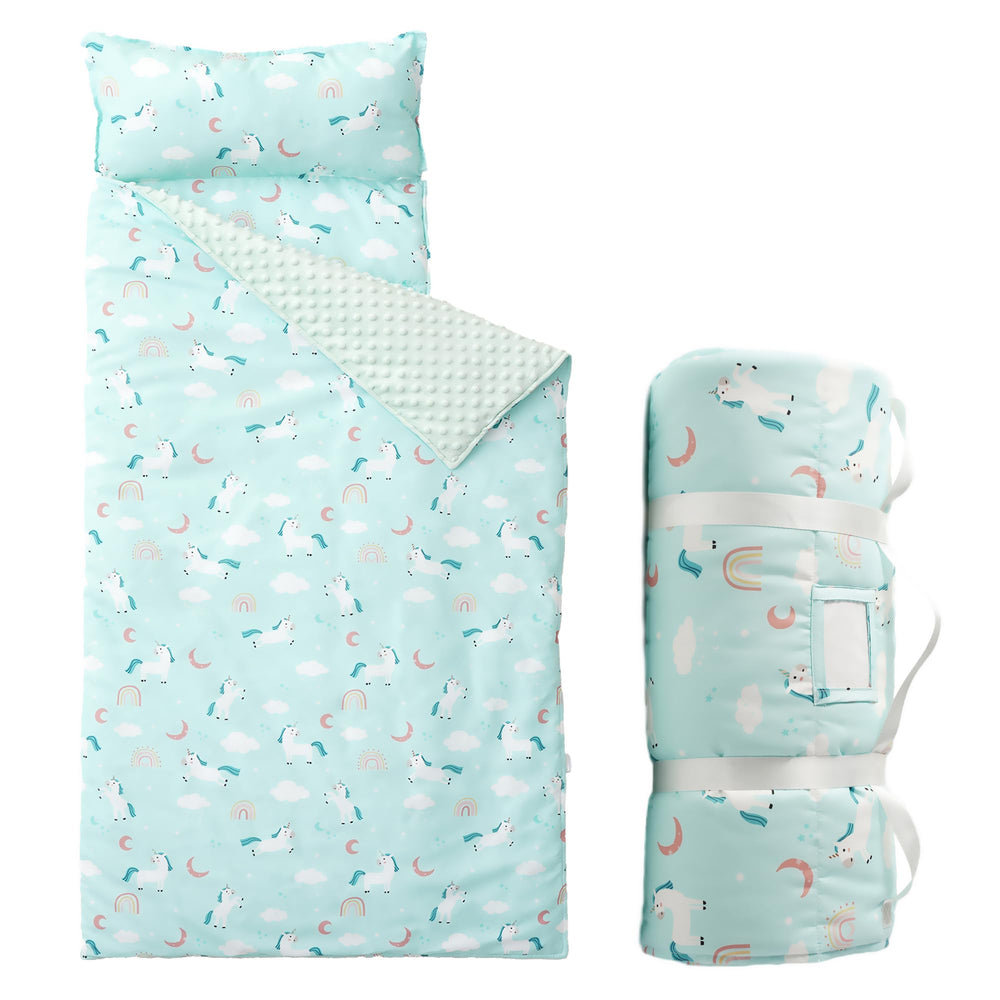 Bunnikins & Clover nap mat roll-up showcases compact portability for daycare cubbies.