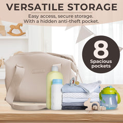 BUNSO Baby Diaper Bag Tote interior reveals organized storage with 8 pockets.