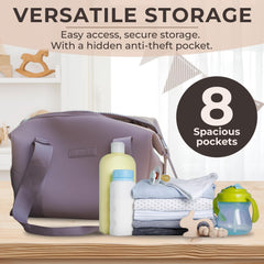 BUNSO Baby diaper bag tote open reveals main space and eight interior pockets for quick organization.
