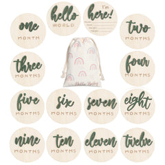 Burbell green wood 3D baby milestone discs for keepsake monthly photo memories.
