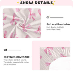 Burbuja Pink Bow crib sheet on standard crib highlighting breathable fabric