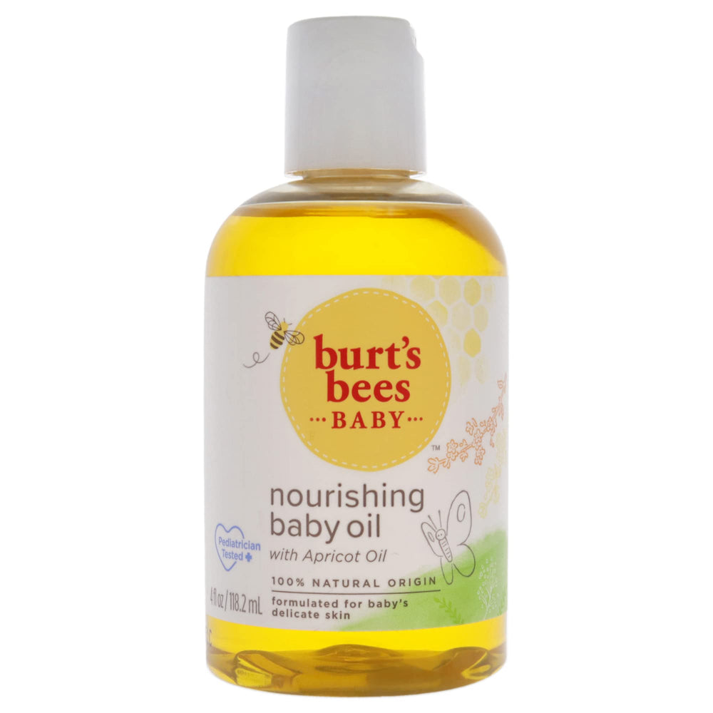 Burt's Bees Baby Oil being poured to hydrate delicate baby skin with apricot scent.