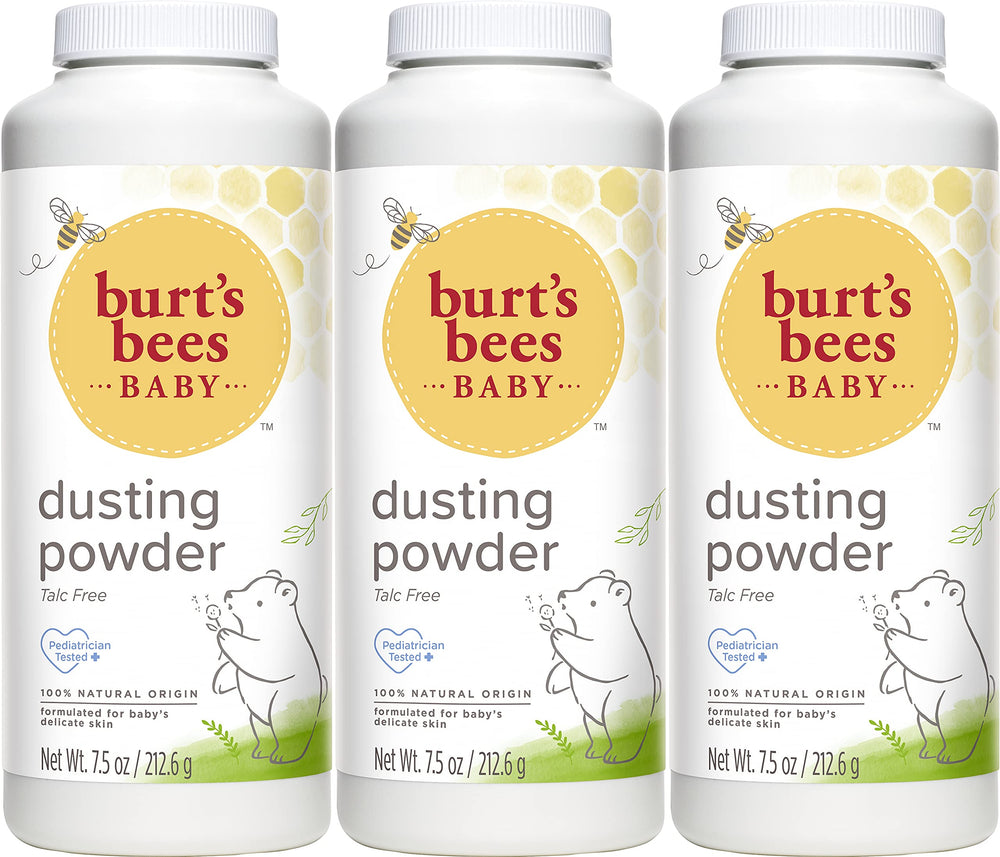 Burt's Bees Baby Powder 3-pack bottle pour demonstrates talc-free formula for gentle baby skin.