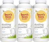 Burt's Bees Baby Powder 3-pack bottle pour demonstrates talc-free formula for gentle baby skin.