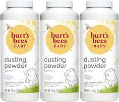 Burt's Bees Baby Powder 3-pack bottle pour demonstrates talc-free formula for gentle baby skin.