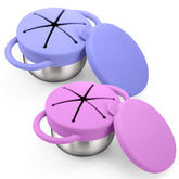 BUSOHA 2-pack stainless steel toddler snack cups feature spill-proof design for mess-free snacking on the go.