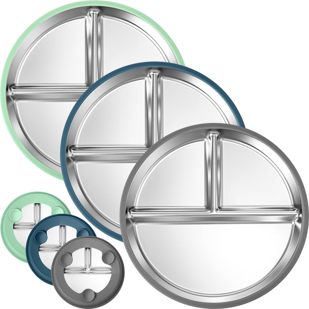 BUSOHA 3-pack front view shows durable stainless plates for toddler meals
