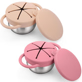 BUSOHA toddler snack cups with lid show 9oz capacity for mess-free snacking on the go.