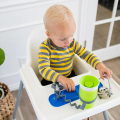 Busy Baby Six Multipurpose Straps blue secure utensils, bottles, and snacks.